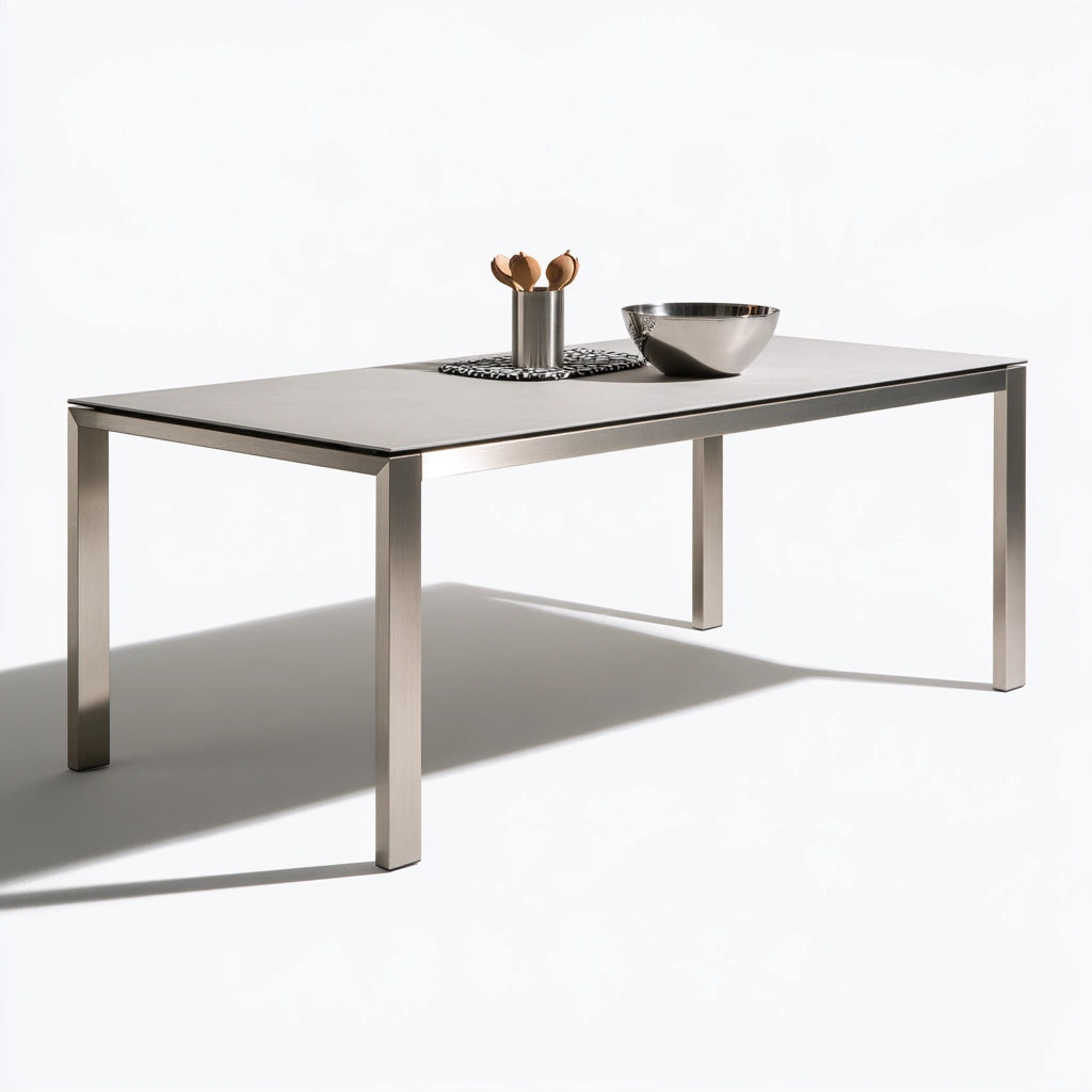 Table à manger aux lignes épurées, coloris gris clair
