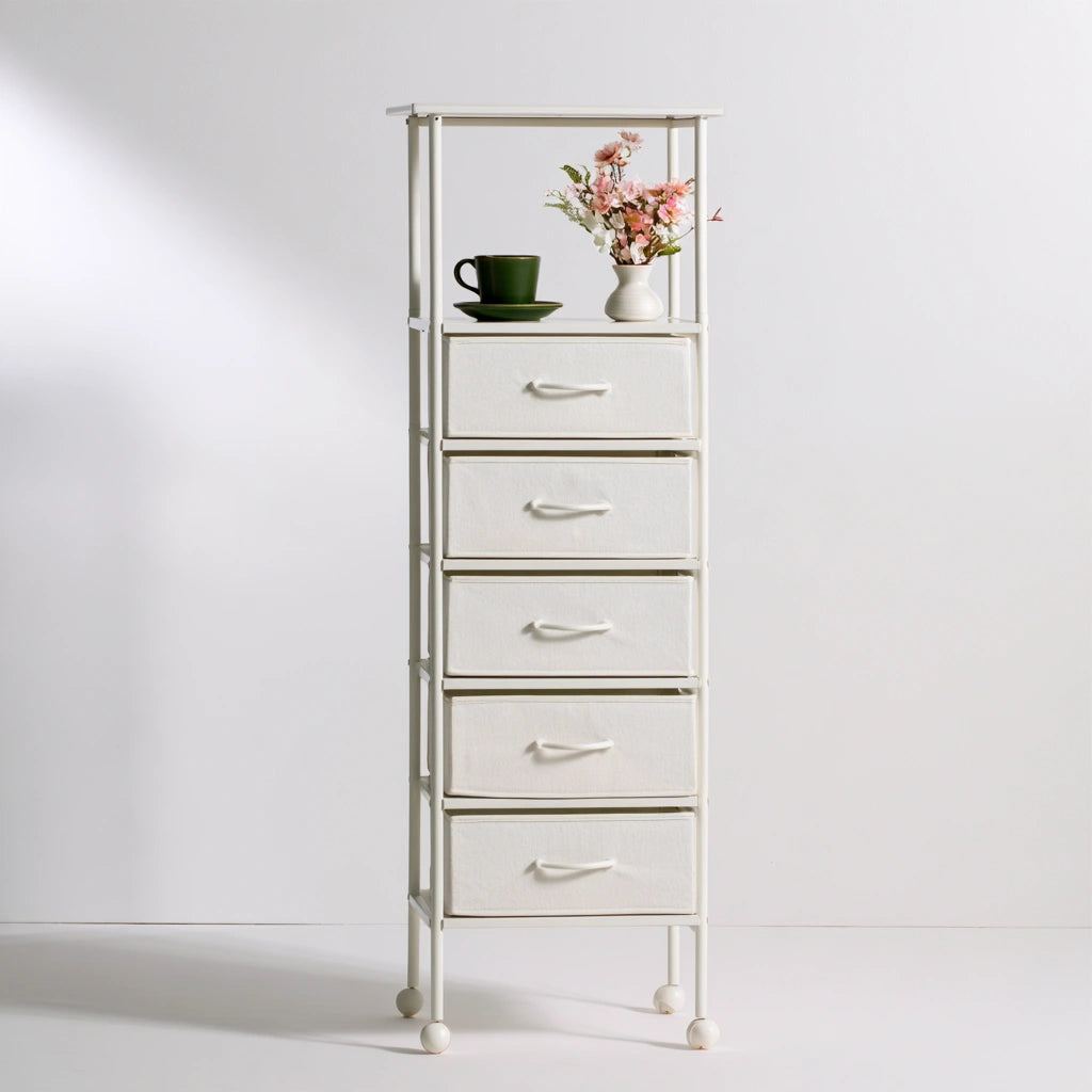 Meuble de rangement étroit en métal à cinq tiroirs, coloris blanc