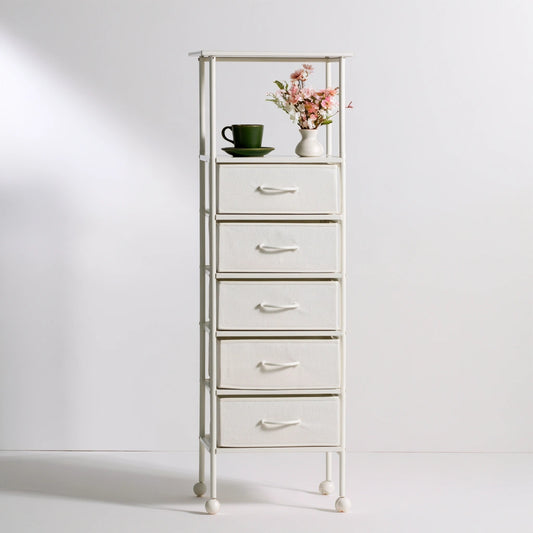 Meuble de rangement étroit en métal à cinq tiroirs, coloris blanc