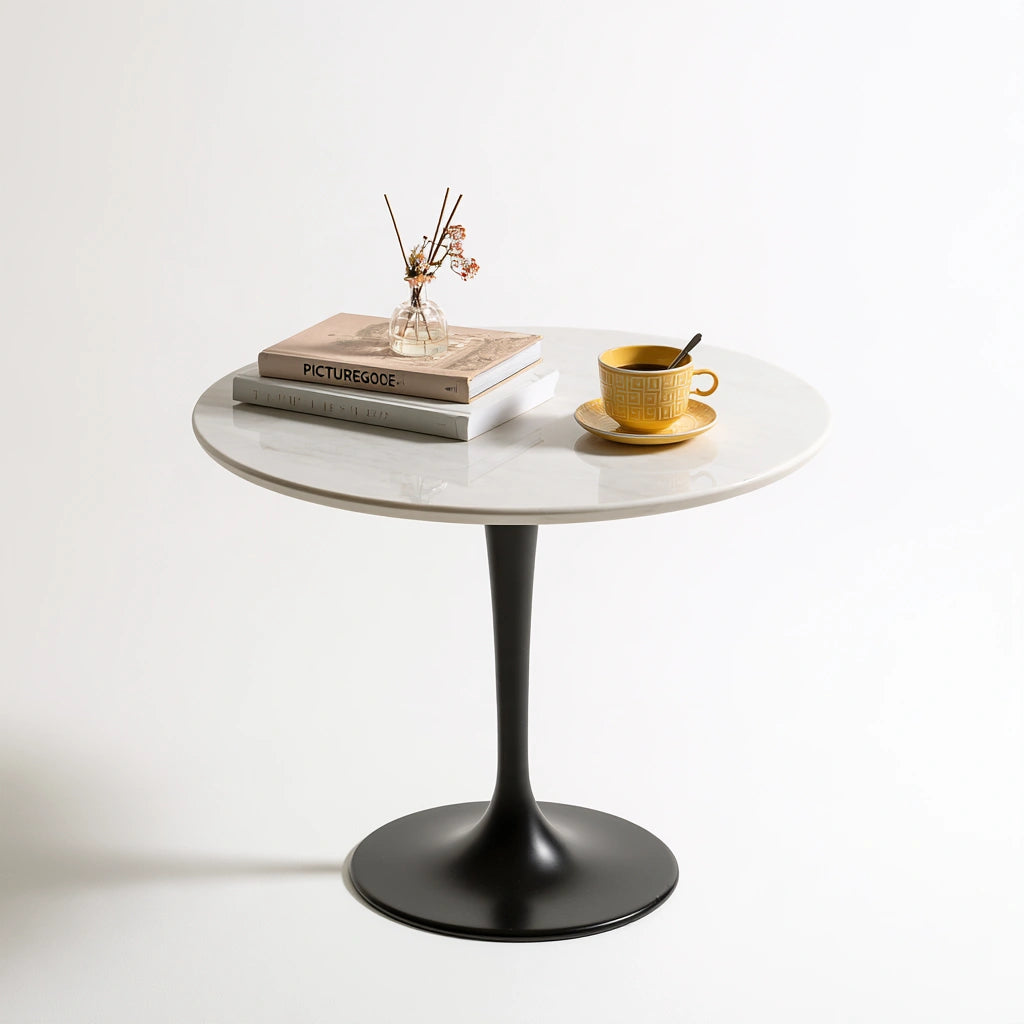 Table sur pied central aux lignes épurées, coloris noir et blanc